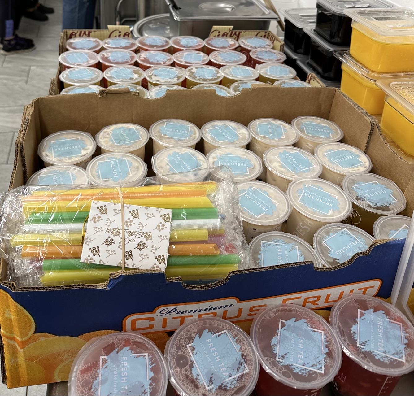 A large Fresh Bubble Tea and Juice group order packed for pickup